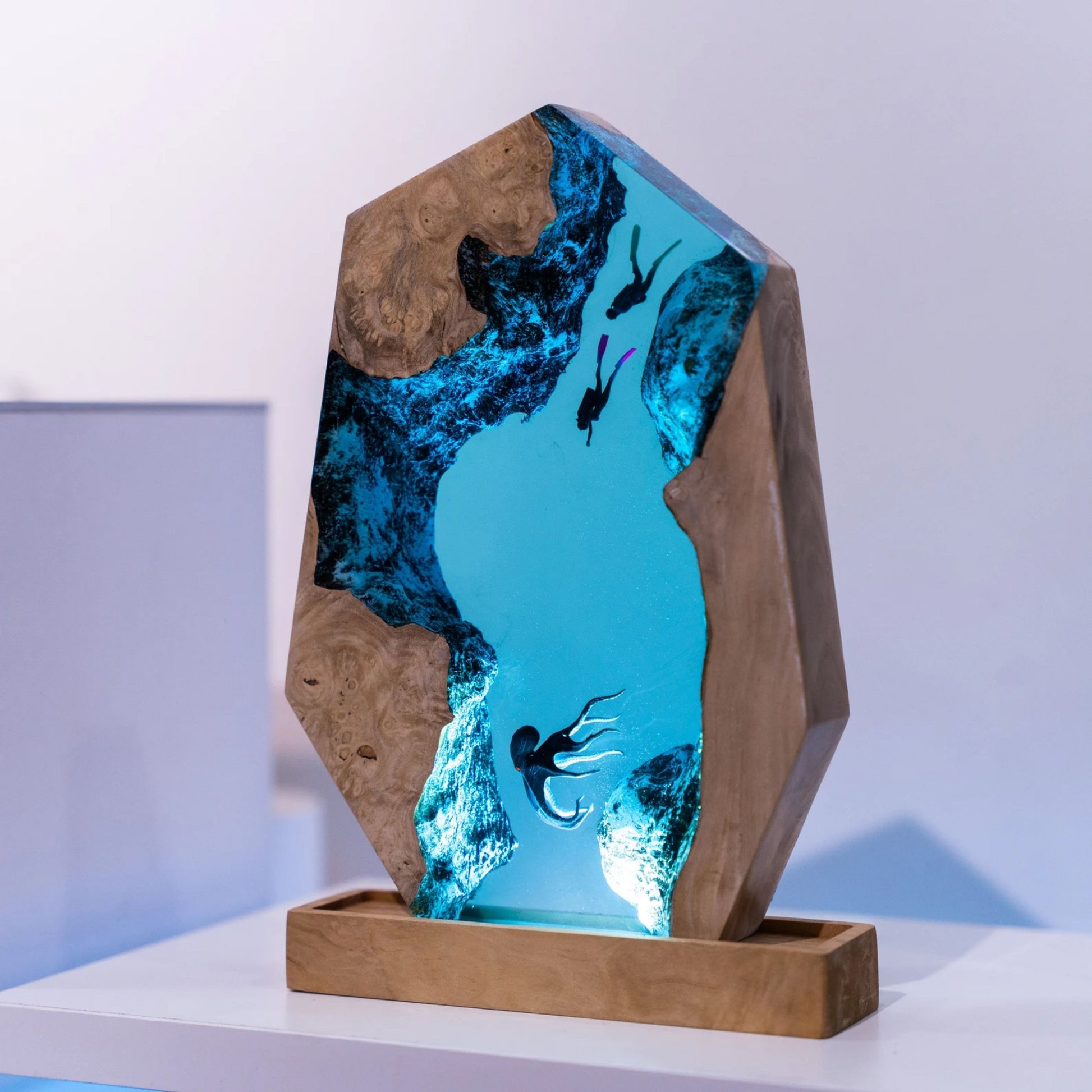 Handmade Octopus and Scuba Diver Ocean Resin Lamp/ Underwater Night Light is perfect for desk decor, gaming room decor, ocean home decor, or a personalized gift for a scuba diver, him, dad, or boyfriend.