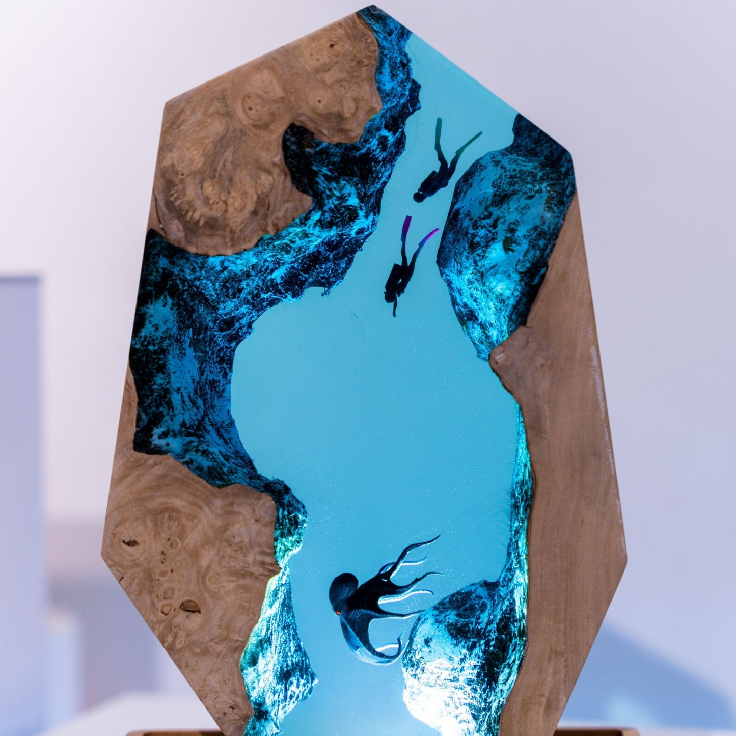 Handmade Octopus and Scuba Diver Ocean Resin Lamp/ Underwater Night Light is perfect for desk decor, gaming room decor, ocean home decor, or a personalized gift for a scuba diver, him, dad, or boyfriend.