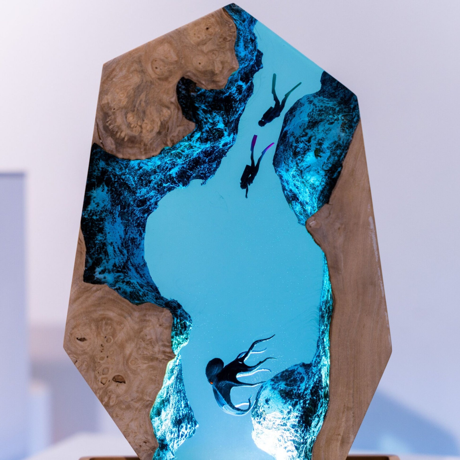 Handmade Octopus and Scuba Diver Ocean Resin Lamp/ Underwater Night Light is perfect for desk decor, gaming room decor, ocean home decor, or a personalized gift for a scuba diver, him, dad, or boyfriend.