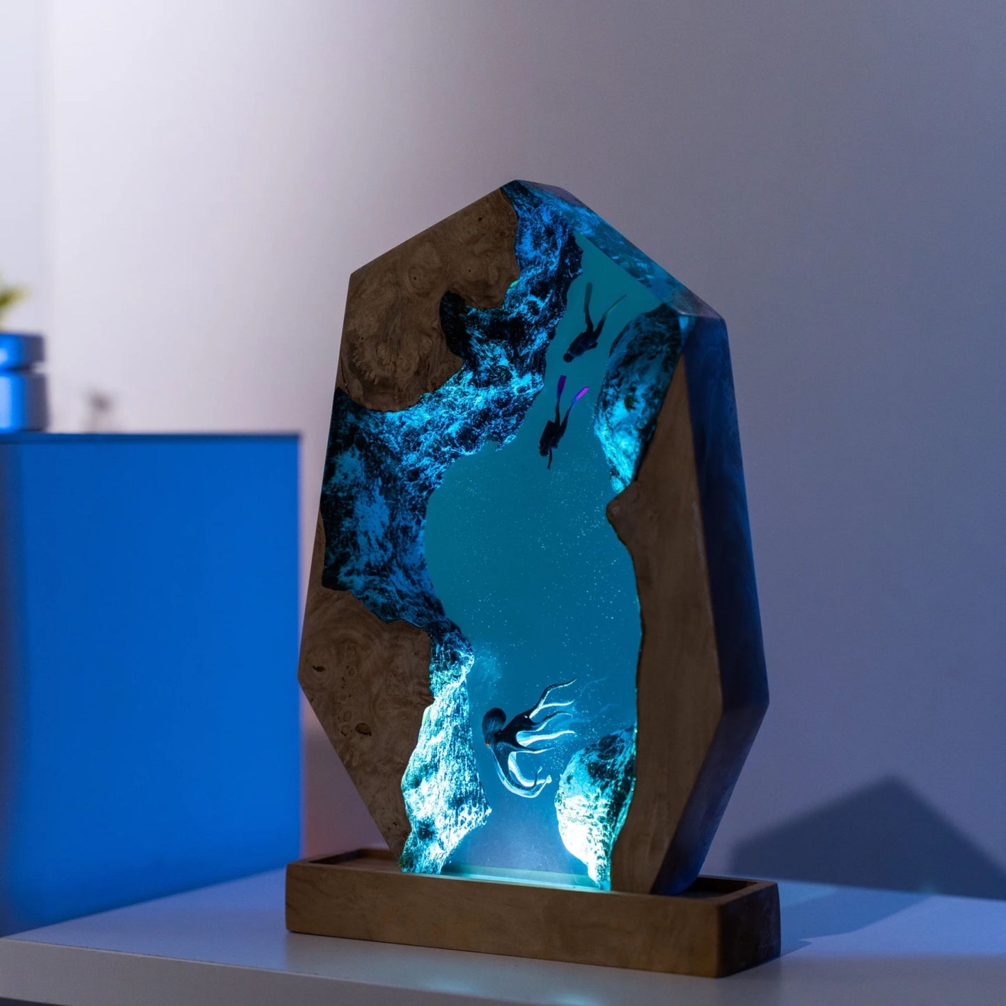 Handmade Octopus and Scuba Diver Ocean Resin Lamp/ Underwater Night Light is perfect for desk decor, gaming room decor, ocean home decor, or a personalized gift for a scuba diver, him, dad, or boyfriend.