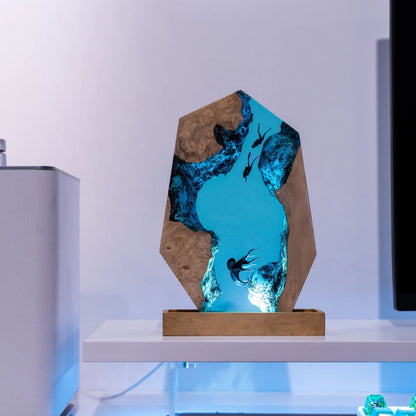 Handmade Octopus and Scuba Diver Ocean Resin Lamp/ Underwater Night Light is perfect for desk decor, gaming room decor, ocean home decor, or a personalized gift for a scuba diver, him, dad, or boyfriend.