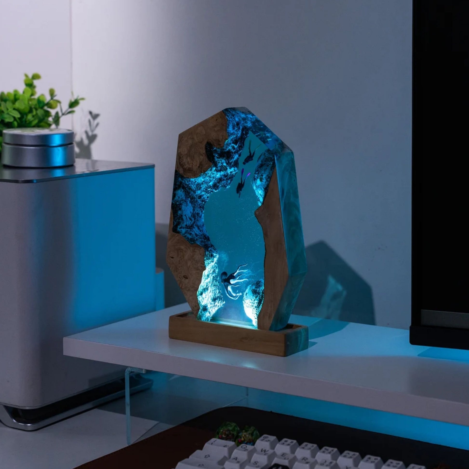 Handmade Octopus and Scuba Diver Ocean Resin Lamp/ Underwater Night Light is perfect for desk decor, gaming room decor, ocean home decor, or a personalized gift for a scuba diver, him, dad, or boyfriend.