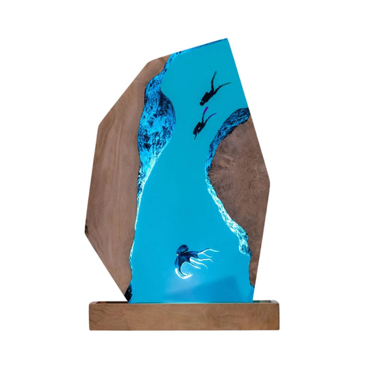 Handmade Octopus and Scuba Diver Ocean Resin Lamp/ Underwater Night Light is perfect for desk decor, gaming room decor, ocean home decor, or a personalized gift for a scuba diver, him, dad, or boyfriend.