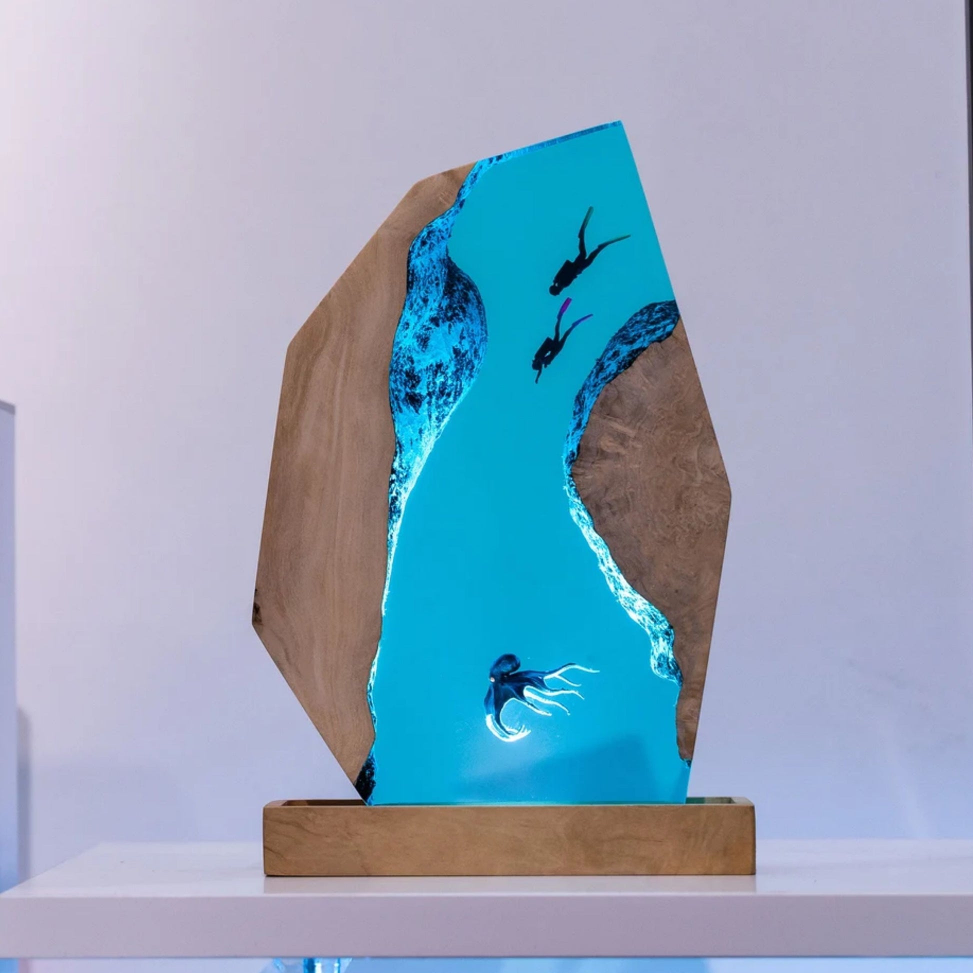 Handmade Octopus and Scuba Diver Ocean Resin Lamp/ Underwater Night Light is perfect for desk decor, gaming room decor, ocean home decor, or a personalized gift for a scuba diver, him, dad, or boyfriend.