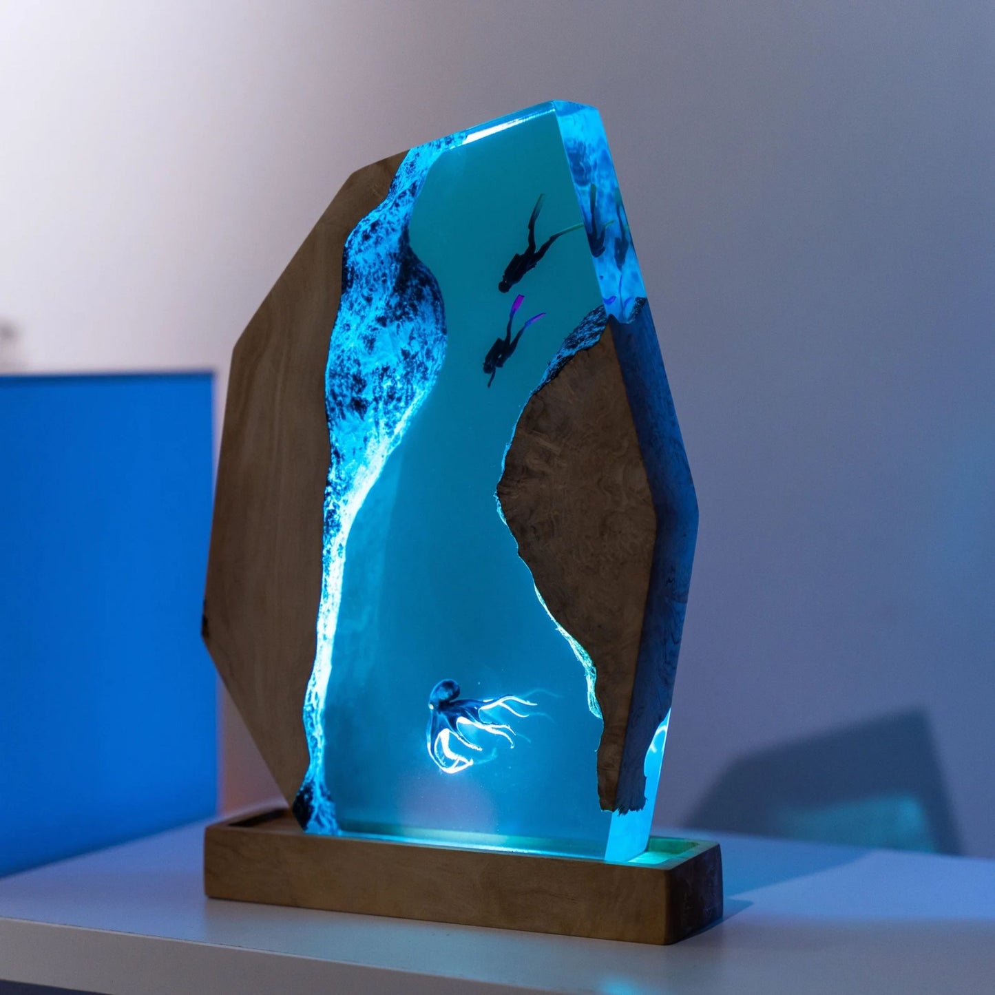 Handmade Octopus and Scuba Diver Ocean Resin Lamp/ Underwater Night Light is perfect for desk decor, gaming room decor, ocean home decor, or a personalized gift for a scuba diver, him, dad, or boyfriend.
