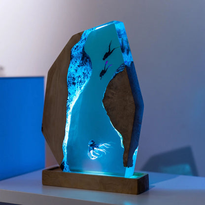 Handmade Octopus and Scuba Diver Ocean Resin Lamp/ Underwater Night Light is perfect for desk decor, gaming room decor, ocean home decor, or a personalized gift for a scuba diver, him, dad, or boyfriend.