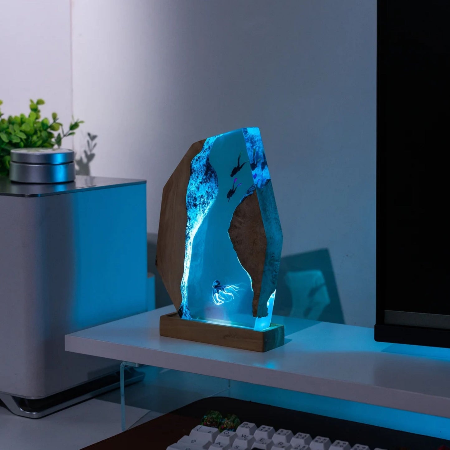 Handmade Octopus and Scuba Diver Ocean Resin Lamp/ Underwater Night Light is perfect for desk decor, gaming room decor, ocean home decor, or a personalized gift for a scuba diver, him, dad, or boyfriend.