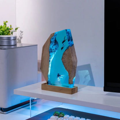 Handmade Octopus and Scuba Diver Ocean Resin Lamp/ Underwater Night Light is perfect for desk decor, gaming room decor, ocean home decor, or a personalized gift for a scuba diver, him, dad, or boyfriend.