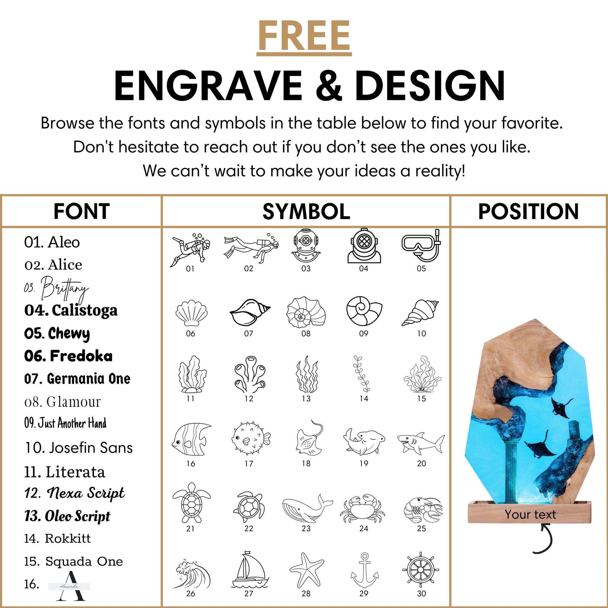Free personalized engraving for pentagon manta ray resin lamp — 16 font styles and 30 ocean symbols including manta ray, ruins, and anchor