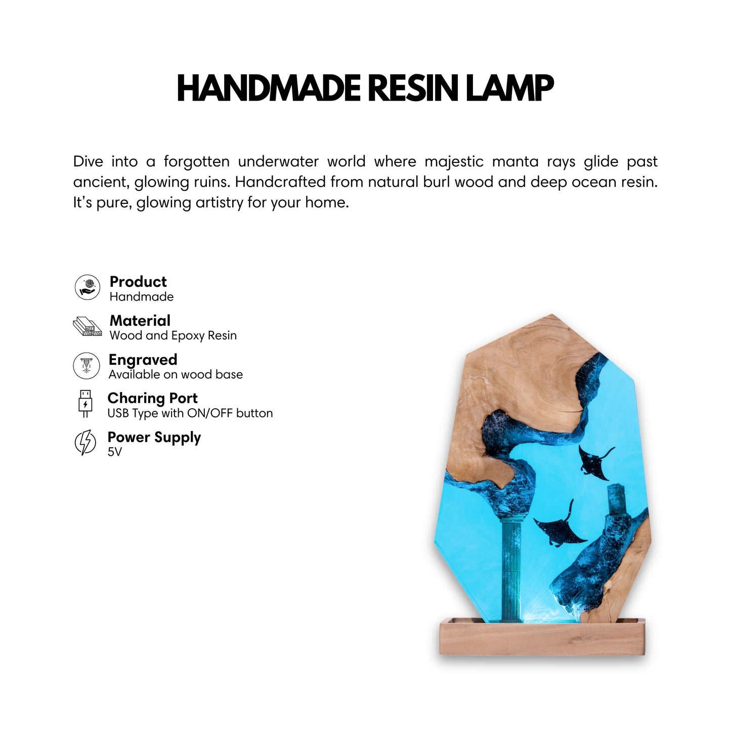 Handmade pentagon manta ray epoxy resin lamp with light burl wood and sunken column ruins — USB powered turquoise ocean night light