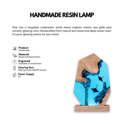 Handmade pentagon manta ray epoxy resin lamp with light burl wood and sunken column ruins — USB powered turquoise ocean night light