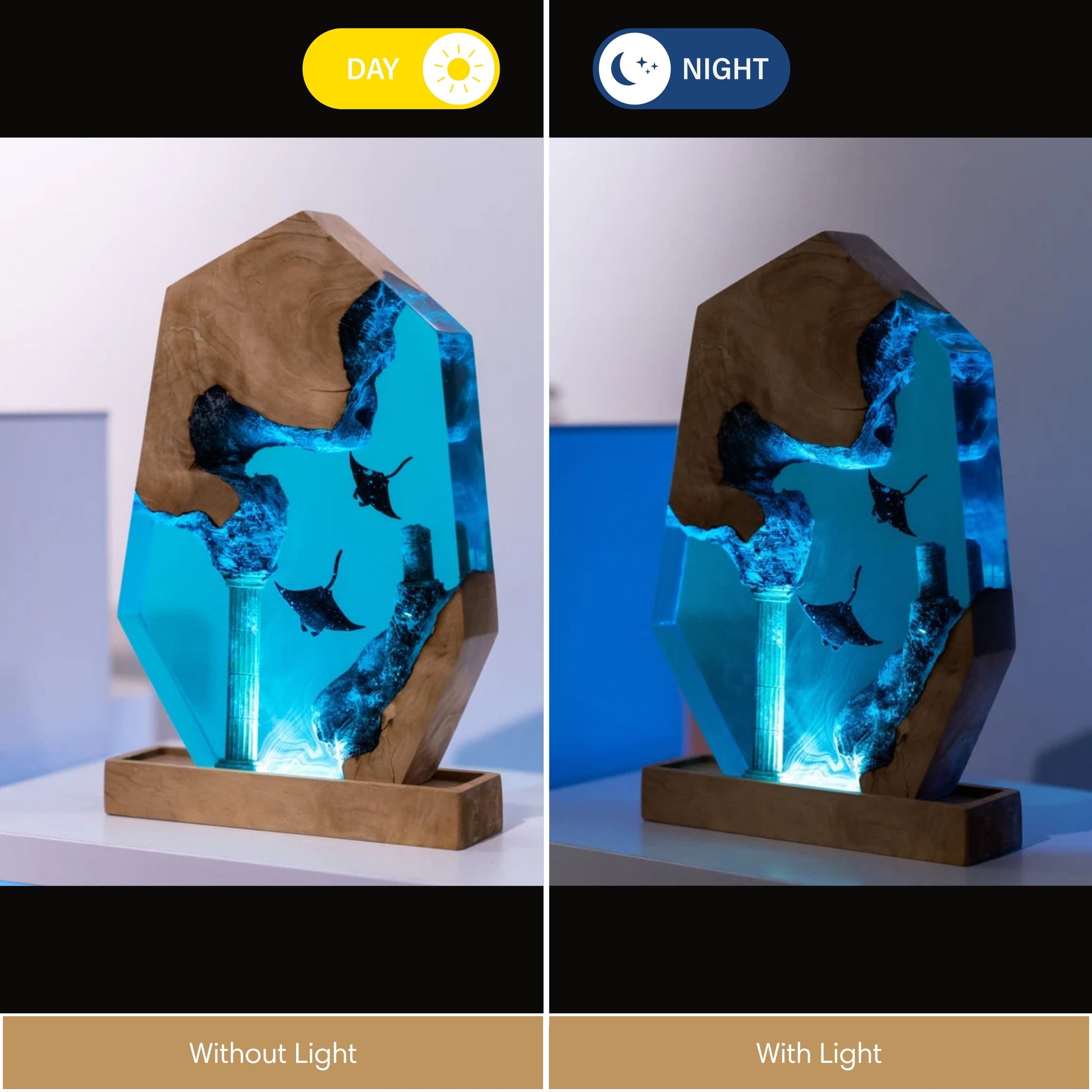 Pentagon manta ray resin lamp day and night — turquoise blue epoxy with sunken column glows on natural burl wood base with LED