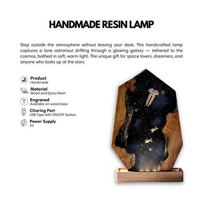 A galaxy resin lamp from wood and epoxy resin,  including a USB charging port with an ON/OFF button, and uses a 5V power supply.