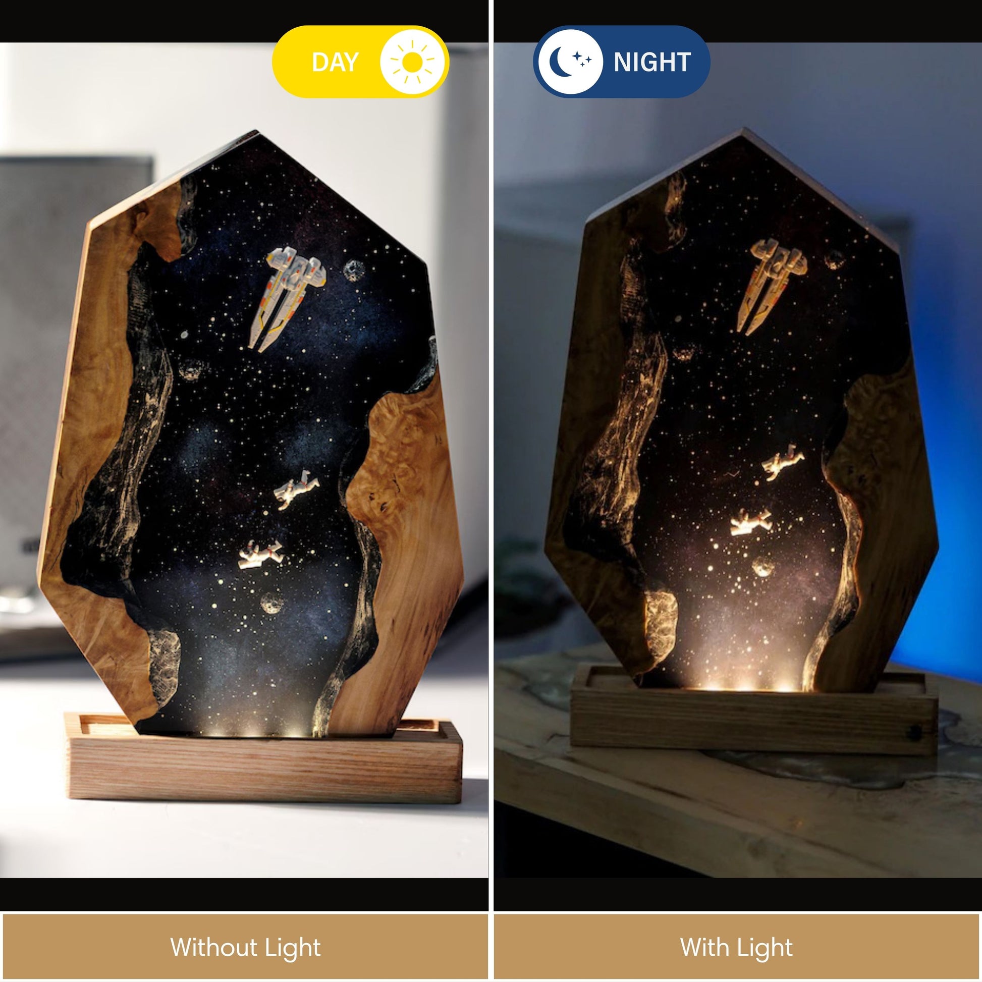 A side-by-side comparison of the space resin lamp in "Day" and "Night" settings. 