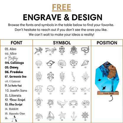 Free personalized engraving for hexagon manta ray resin lamp — 16 font styles and 30 ocean symbols including manta ray, ruins, and anchor