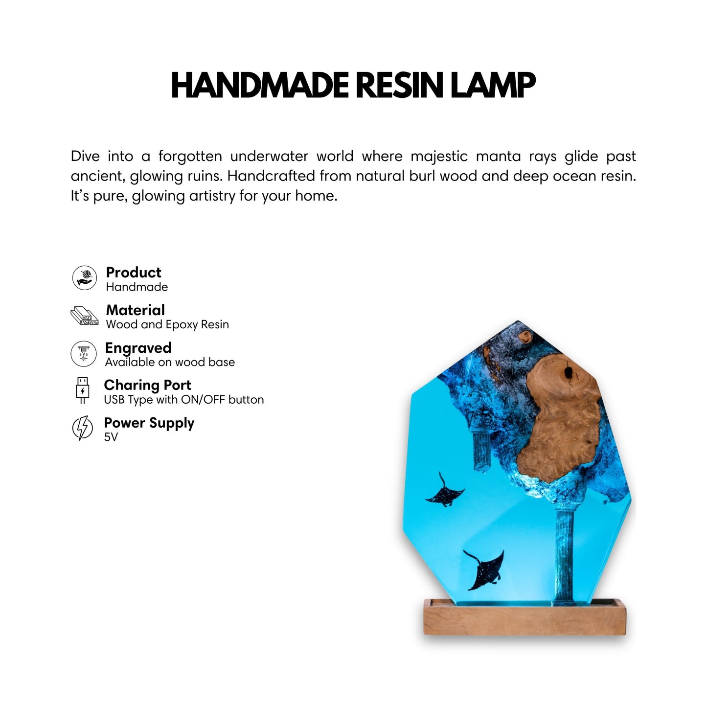 Handmade hexagon manta ray epoxy resin lamp with embedded burl wood knot and sunken column — USB powered turquoise ocean night light