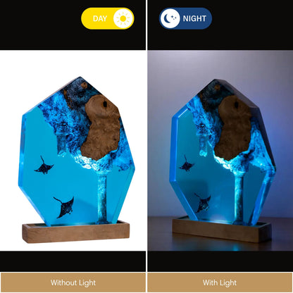 Hexagon manta ray resin lamp day and night — vivid turquoise epoxy with embedded burl knot and ancient column glows with blue LED