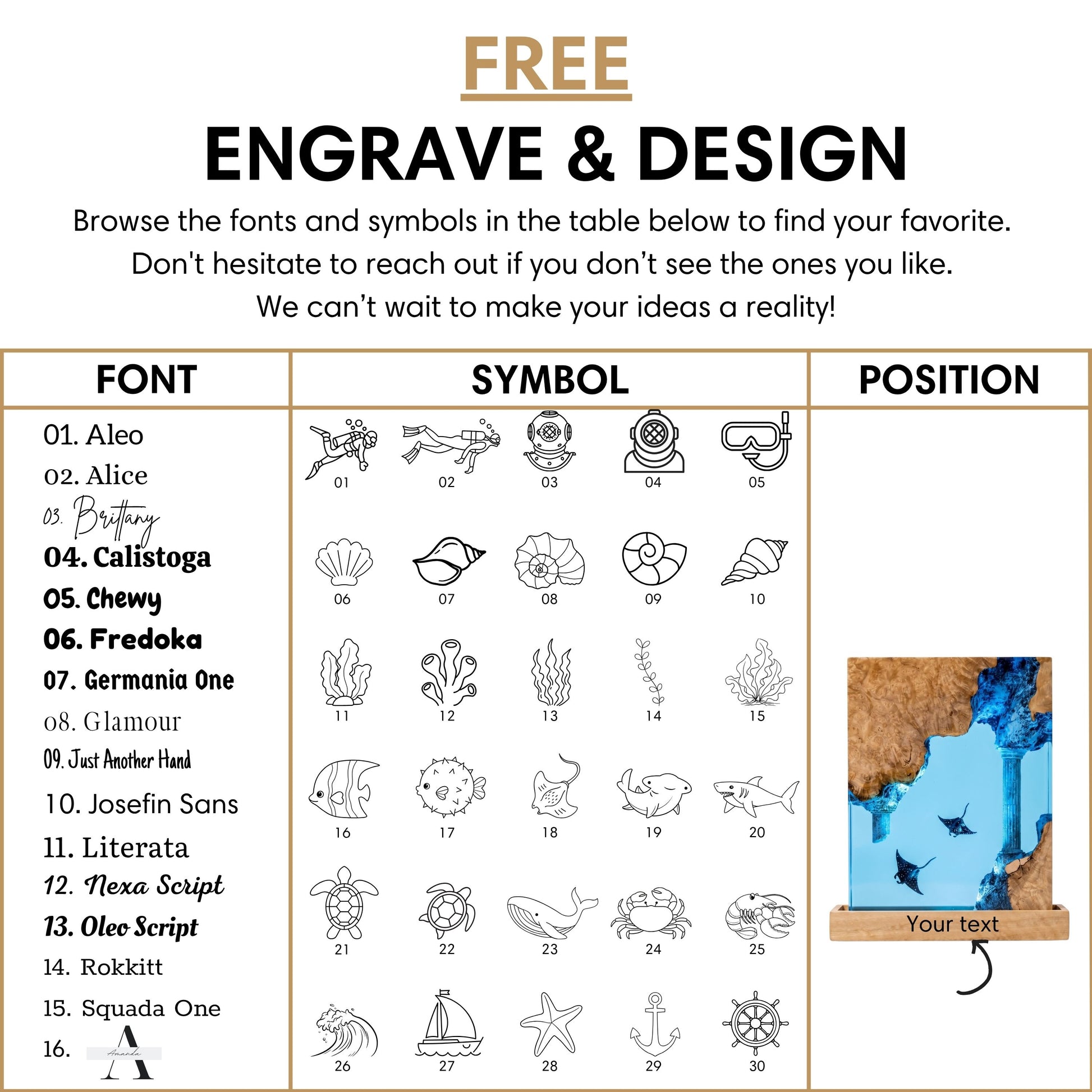 Free personalized engraving for square manta ray resin lamp — 16 font styles and 30 ocean symbols including manta ray, ruins, and anchor