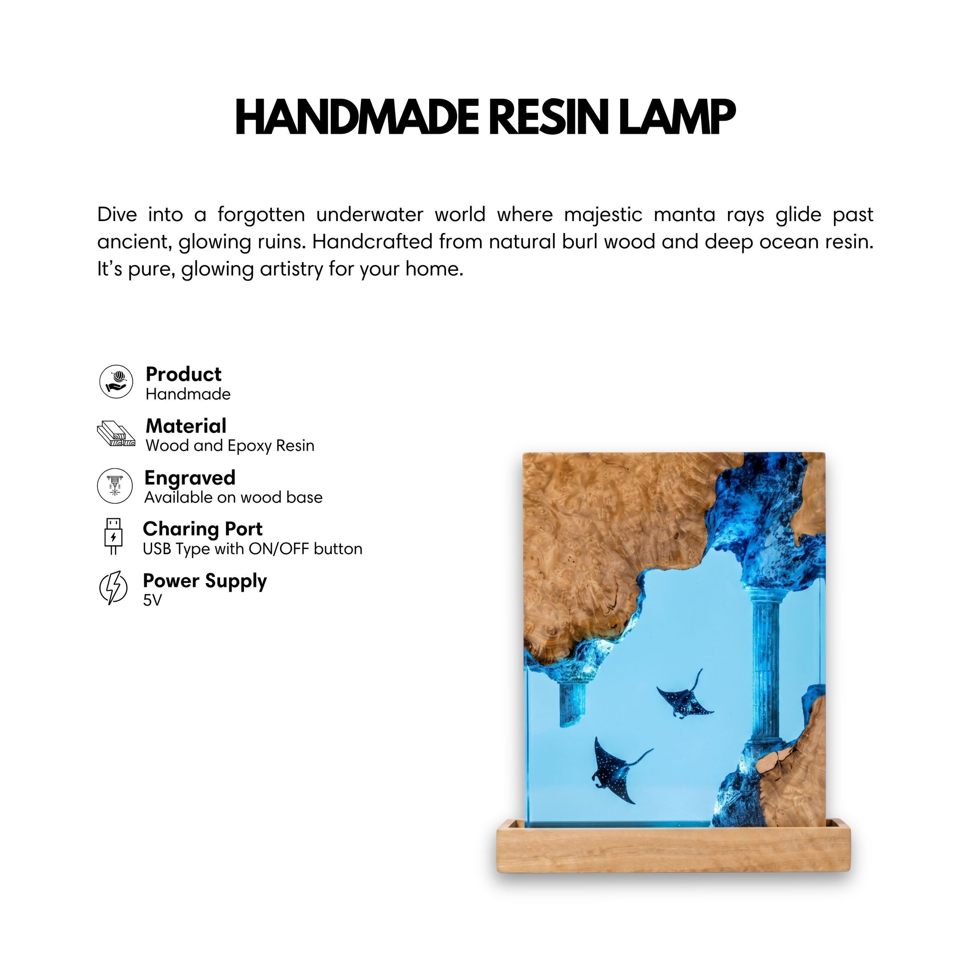 Handmade square epoxy resin manta ray lamp with burl wood frame and sunken column ruins — USB powered light blue ocean night light