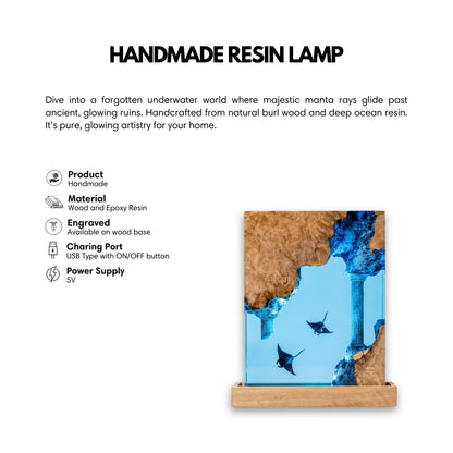 Handmade square epoxy resin manta ray lamp with burl wood frame and sunken column ruins — USB powered light blue ocean night light