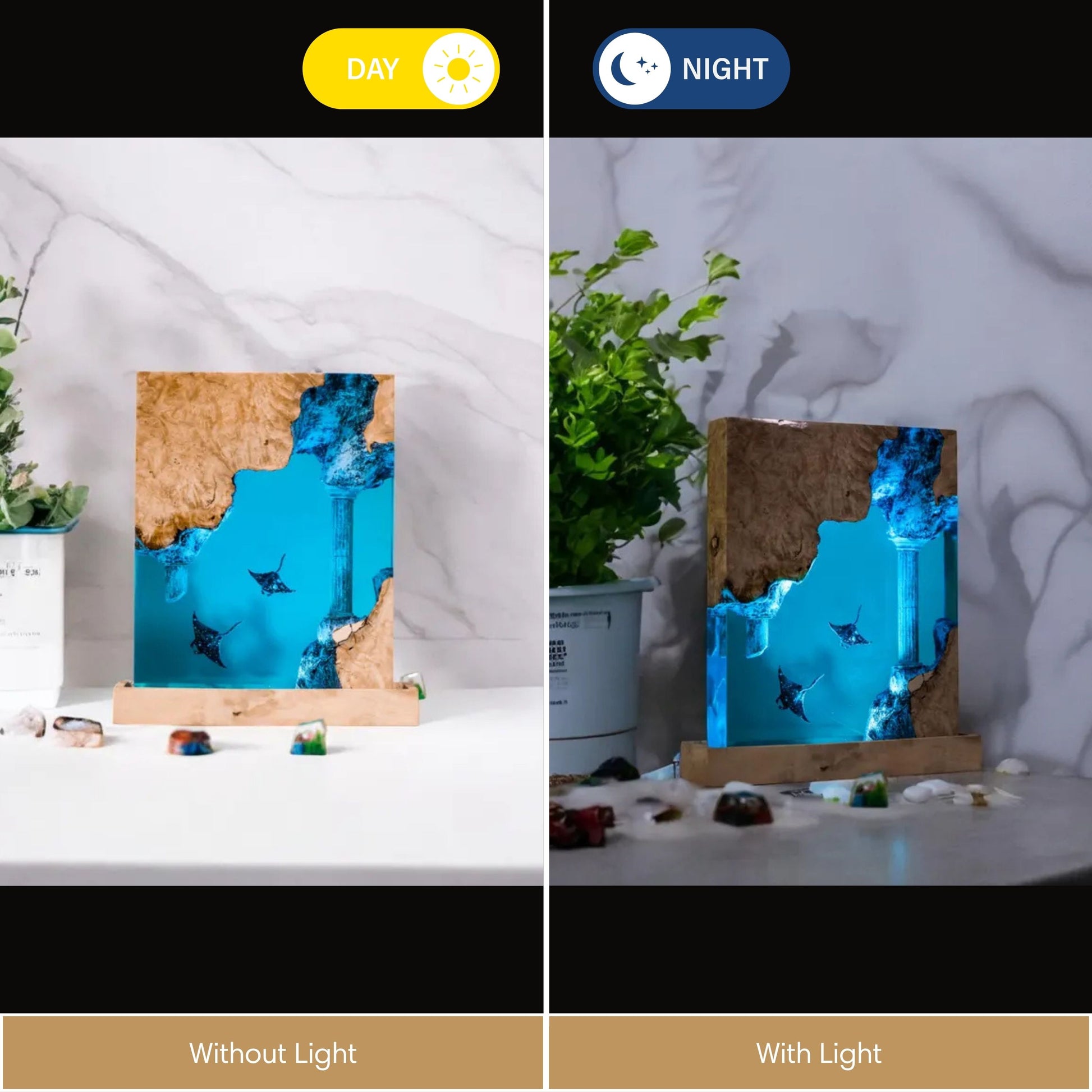 Square manta ray resin lamp day and night — light blue epoxy with sunken ruins and burl wood border glows on natural wood base
