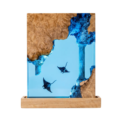 Handmade square epoxy resin lamp with two manta rays and sunken column ruins framed in burl wood — sky blue ocean home decor gift