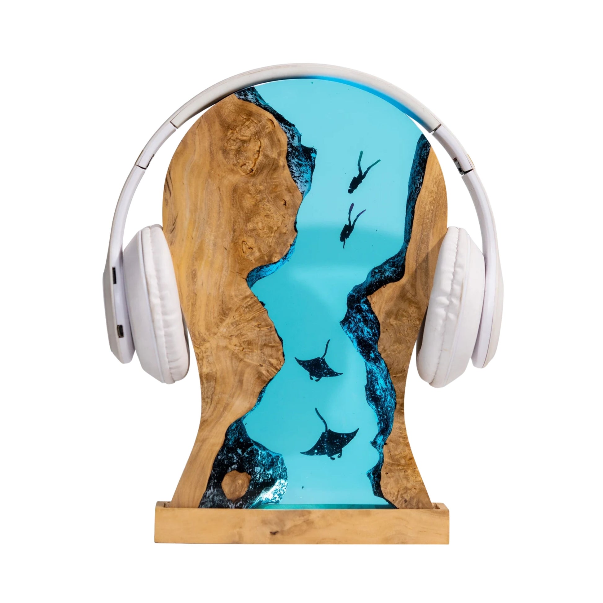 Handmade resin manta ray headphone stand with built-in LED lamp, artistic blue resin headset holder for desk setup, front product view