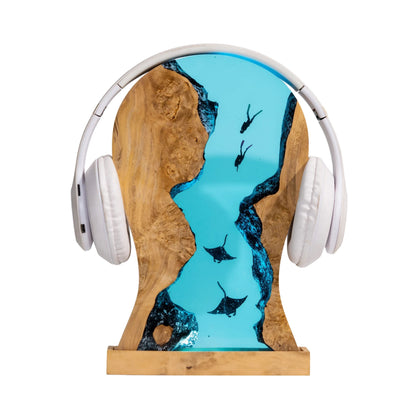 Handmade resin manta ray headphone stand with built-in LED lamp, artistic blue resin headset holder for desk setup, front product view