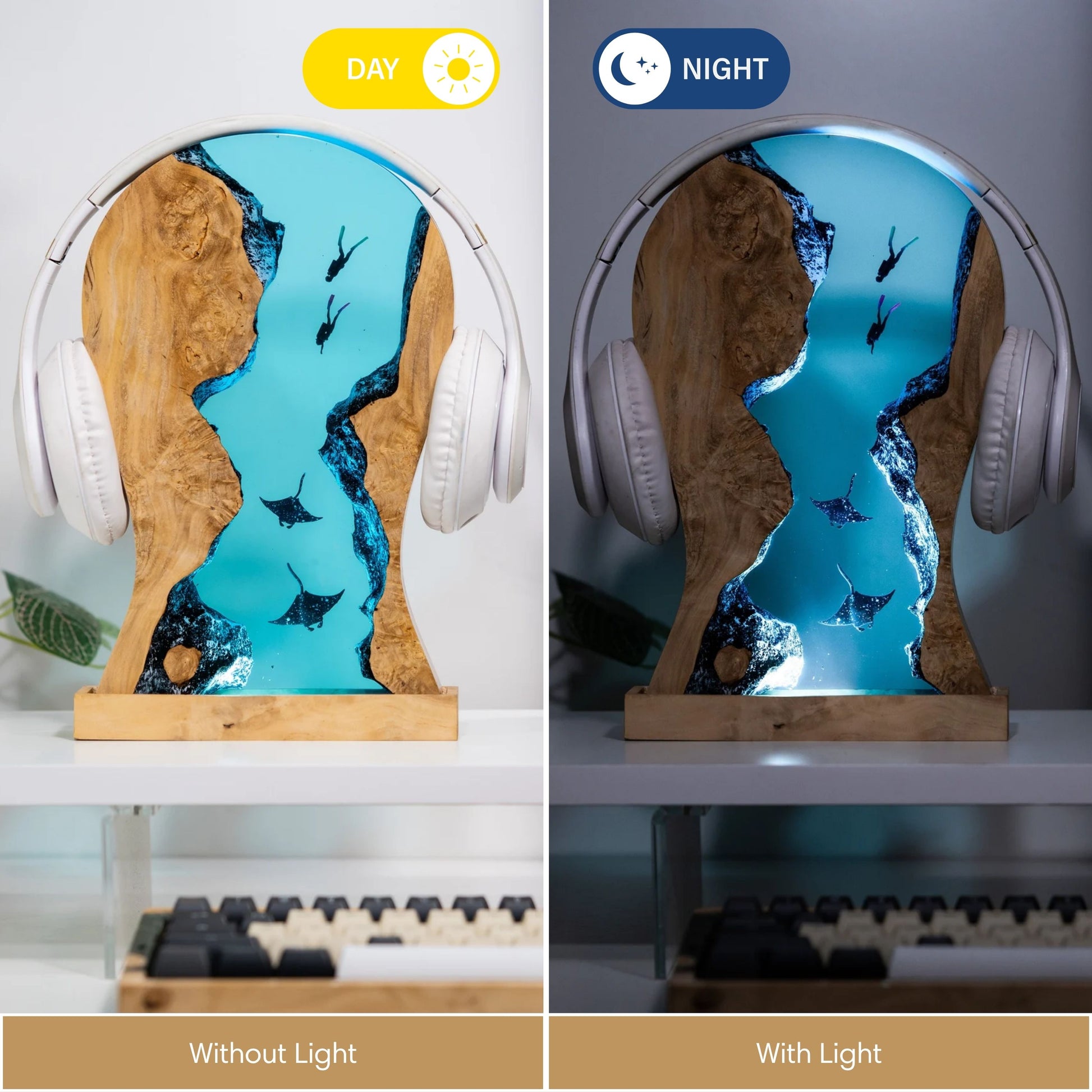 Handmade resin manta ray headphone stand with integrated LED lamp, premium blue resin headset holder, in day and night