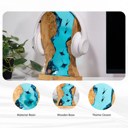 Handmade resin manta ray LED headphone stand shown from multiple angles, showcasing artistic resin craftsmanship and decorative desktop functionality