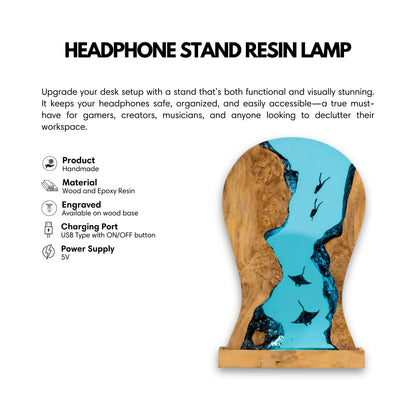 Handmade resin manta ray LED headphone stand with product features and technical details
