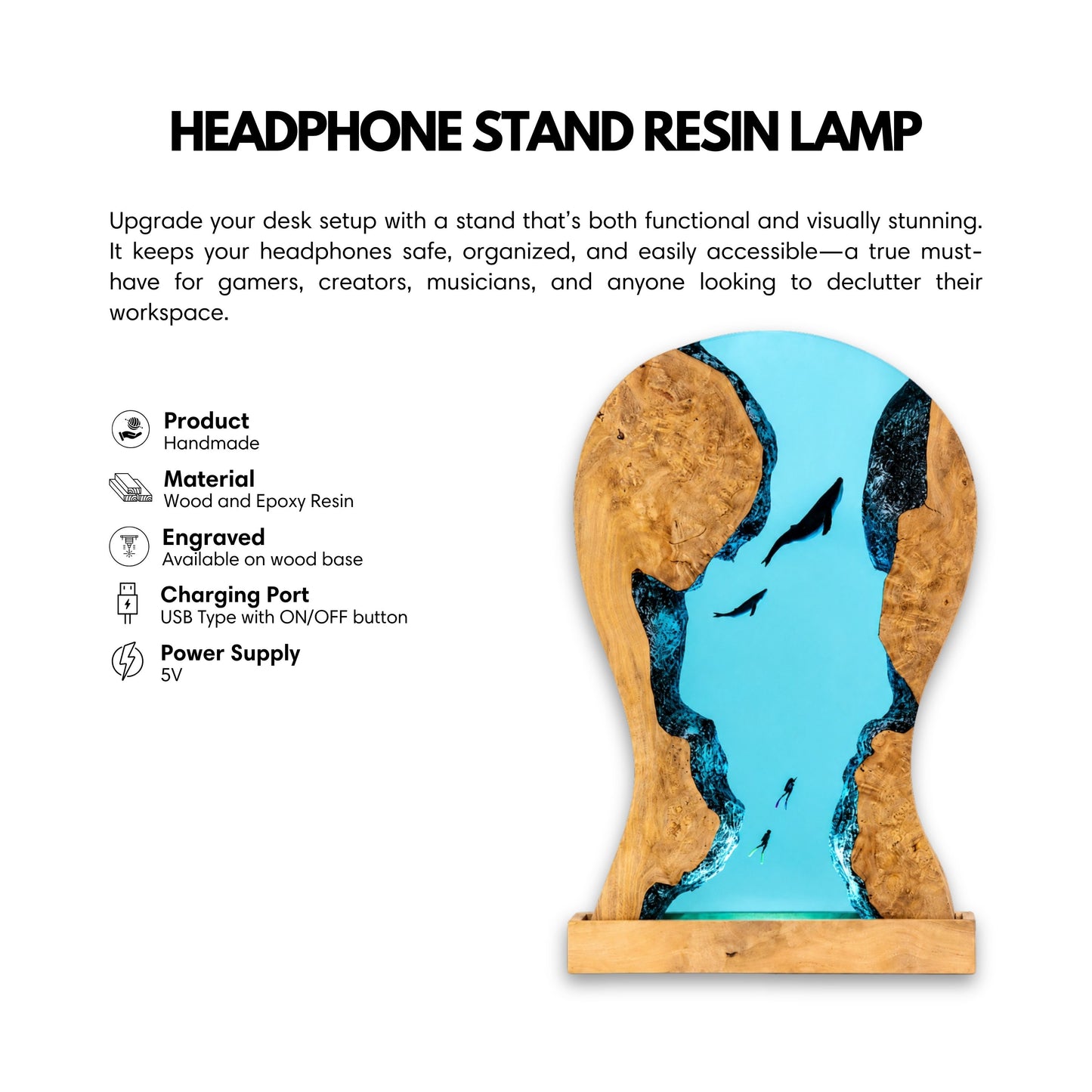 Resin whale LED headphone stand dimensions and specifications with product measurements and technical details
