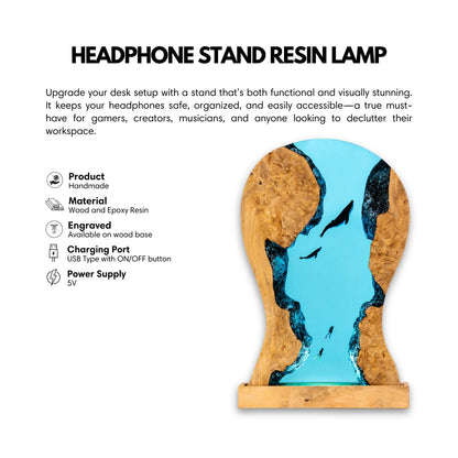 Resin whale LED headphone stand dimensions and specifications with product measurements and technical details