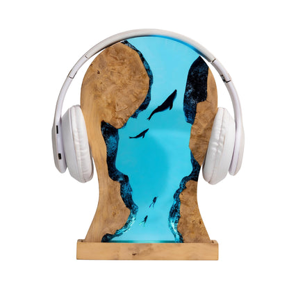Resin whale headphone stand with built-in LED lamp, artistic blue resin headset holder for desk setup, front product view
