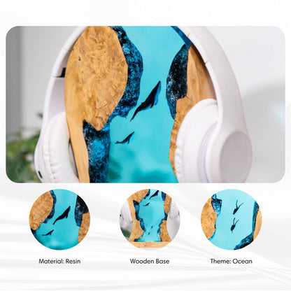 Resin whale LED headphone stand shown from multiple angles, showcasing artistic whale design and decorative desktop functionality
