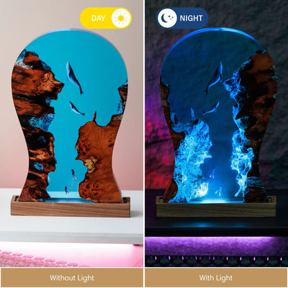 Whale ocean resin LED headphone stand displayed with RGB lighting for gaming room and desk decor