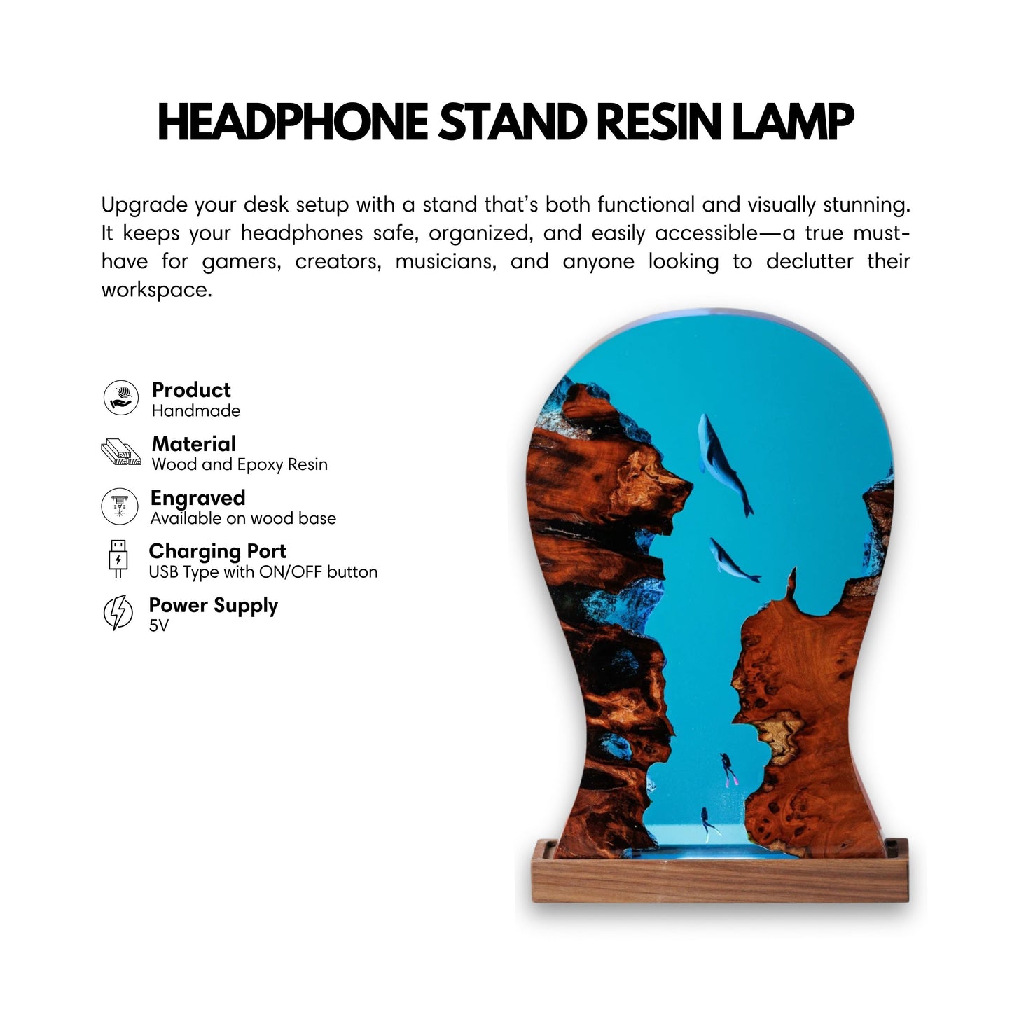 Whale resin LED headphone stand with custom engraving options for personalized gifts