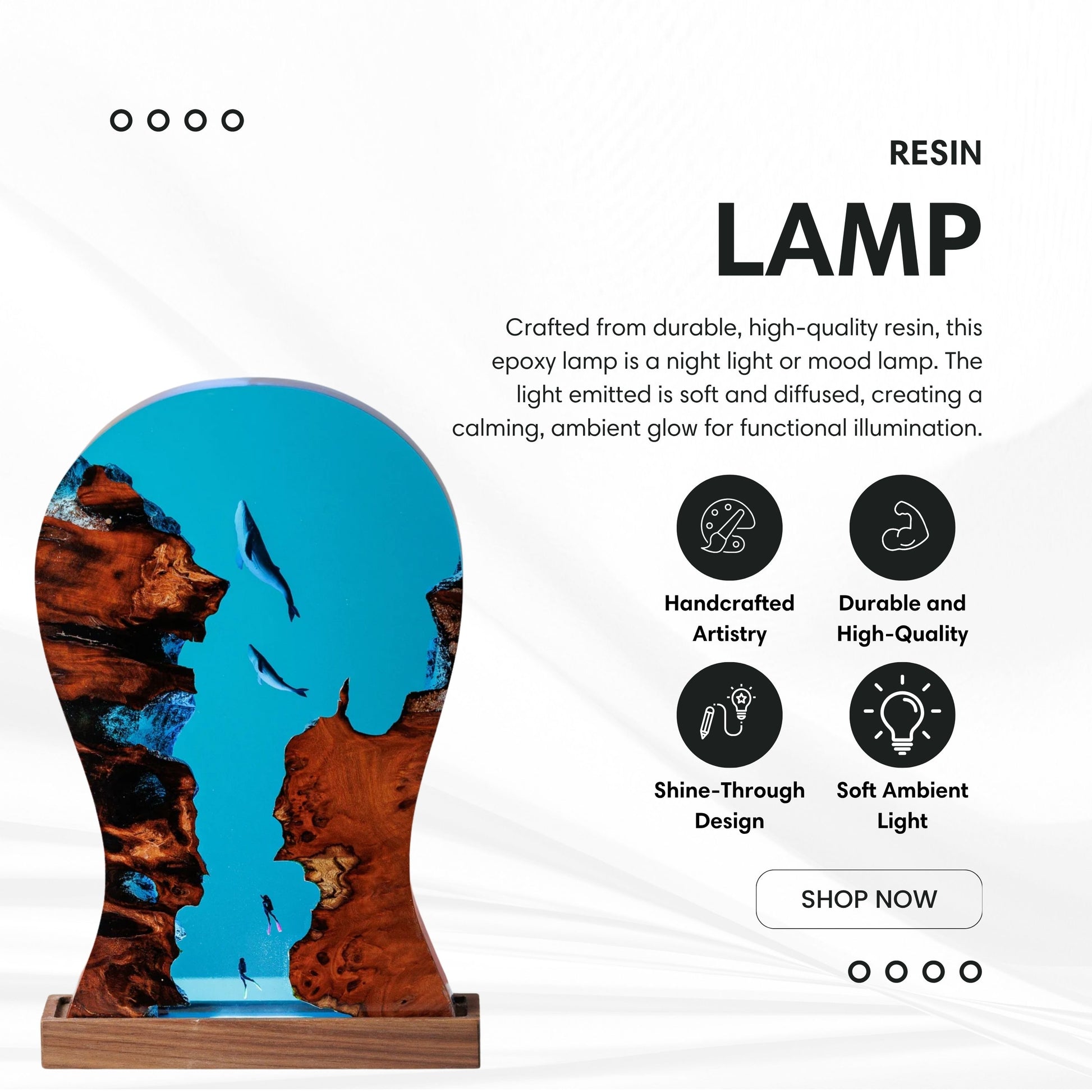 Whale resin LED headphone stand with product specifications and size details