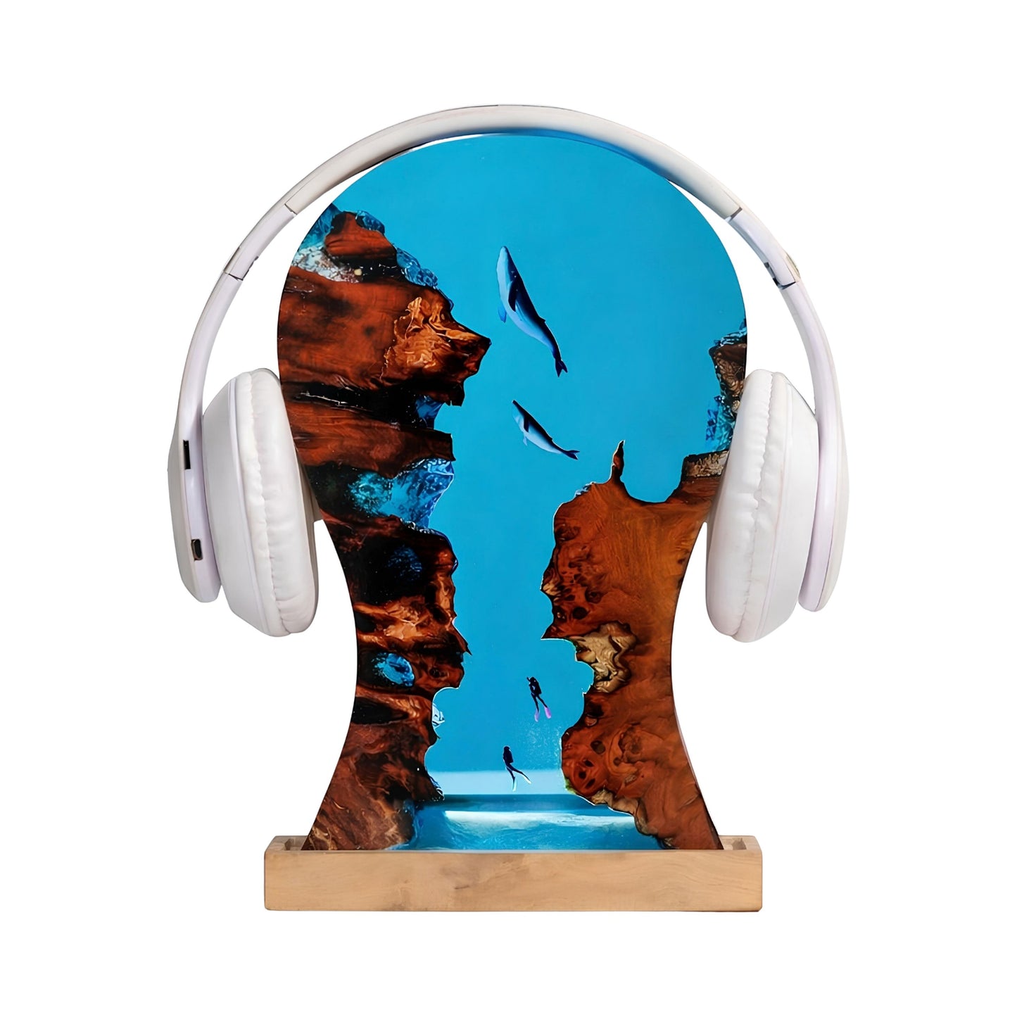 Handmade whale ocean resin LED headphone stand with a wooden base for gaming desks and home offices