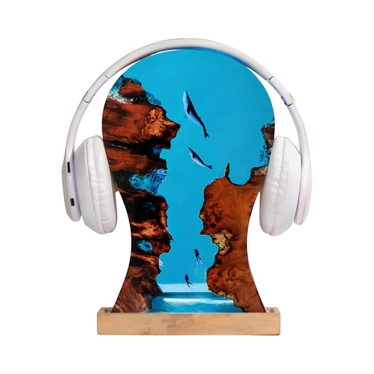 Handmade whale ocean resin LED headphone stand with a wooden base for gaming desks and home offices