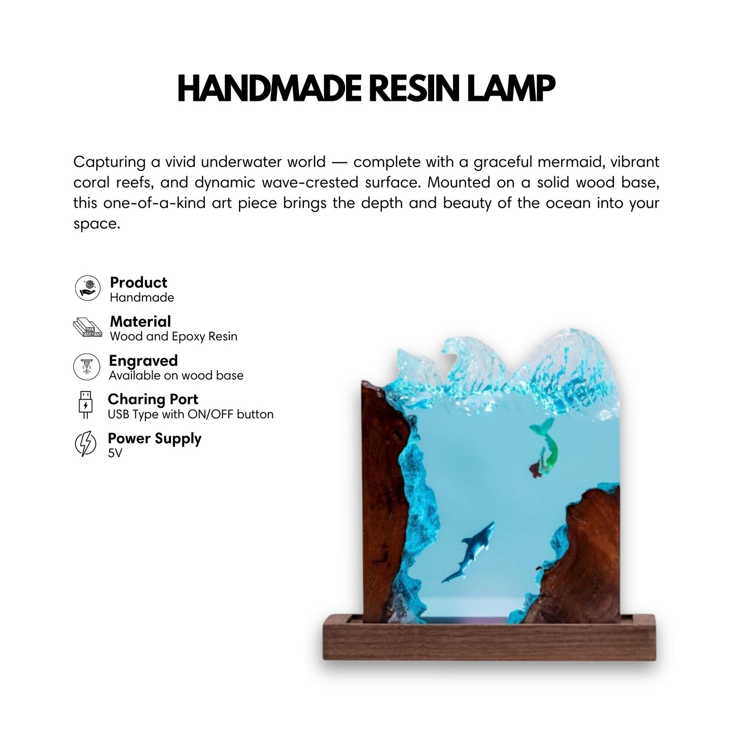 Mermaid & Shark Ocean Resin Lamp: Square Wave