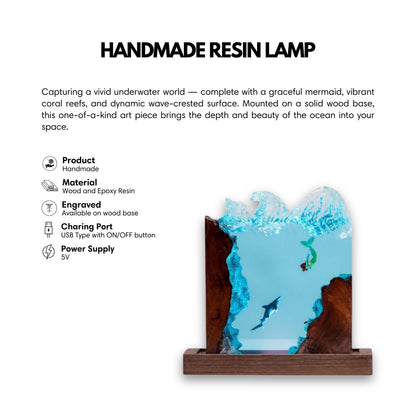 Mermaid & Shark Ocean Resin Lamp: Square Wave
