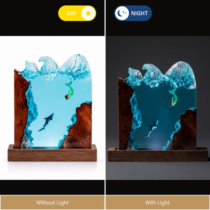 Mermaid & Shark Ocean Resin Lamp: Square Wave