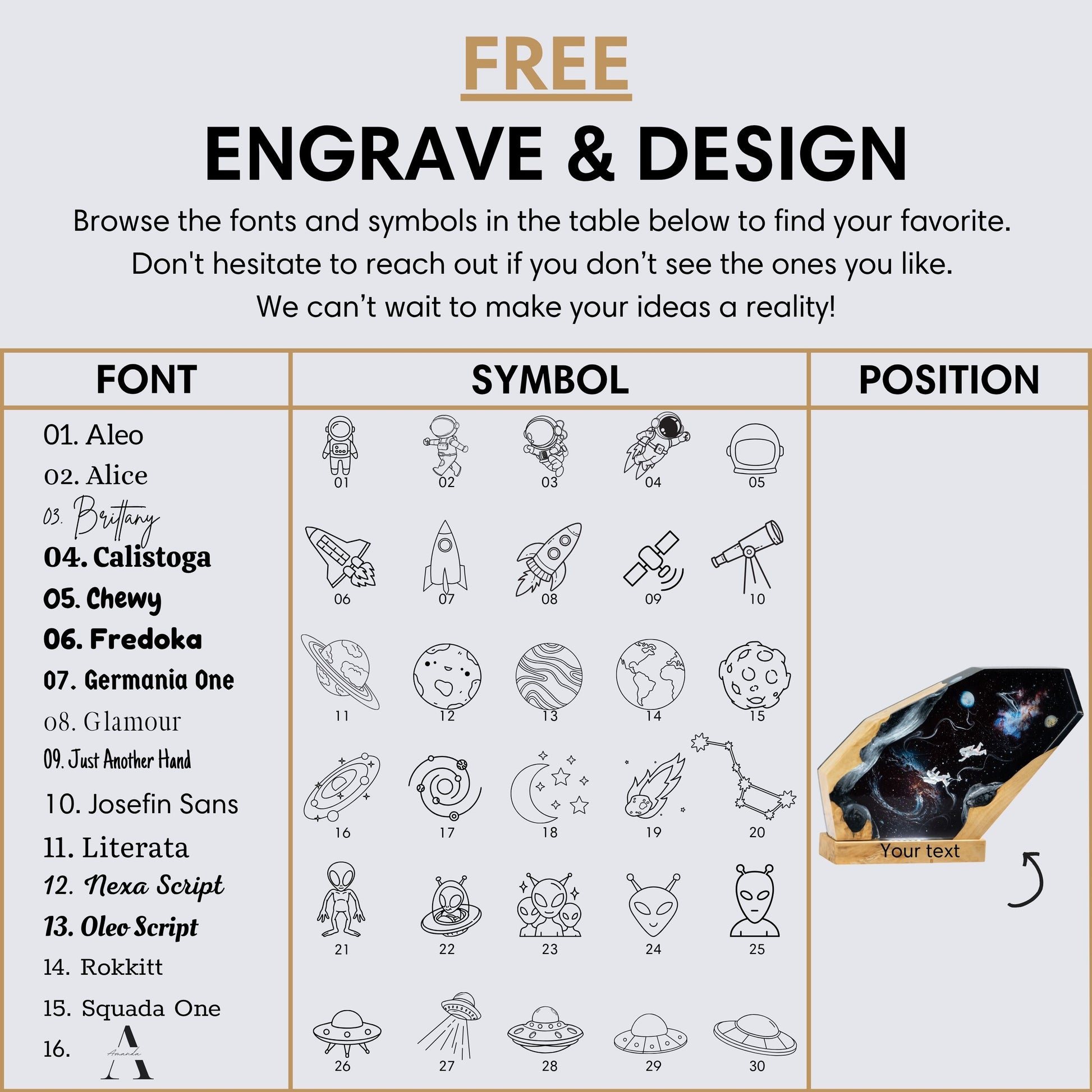 Custom engraving and design options table for the astronaut galaxy resin lamp