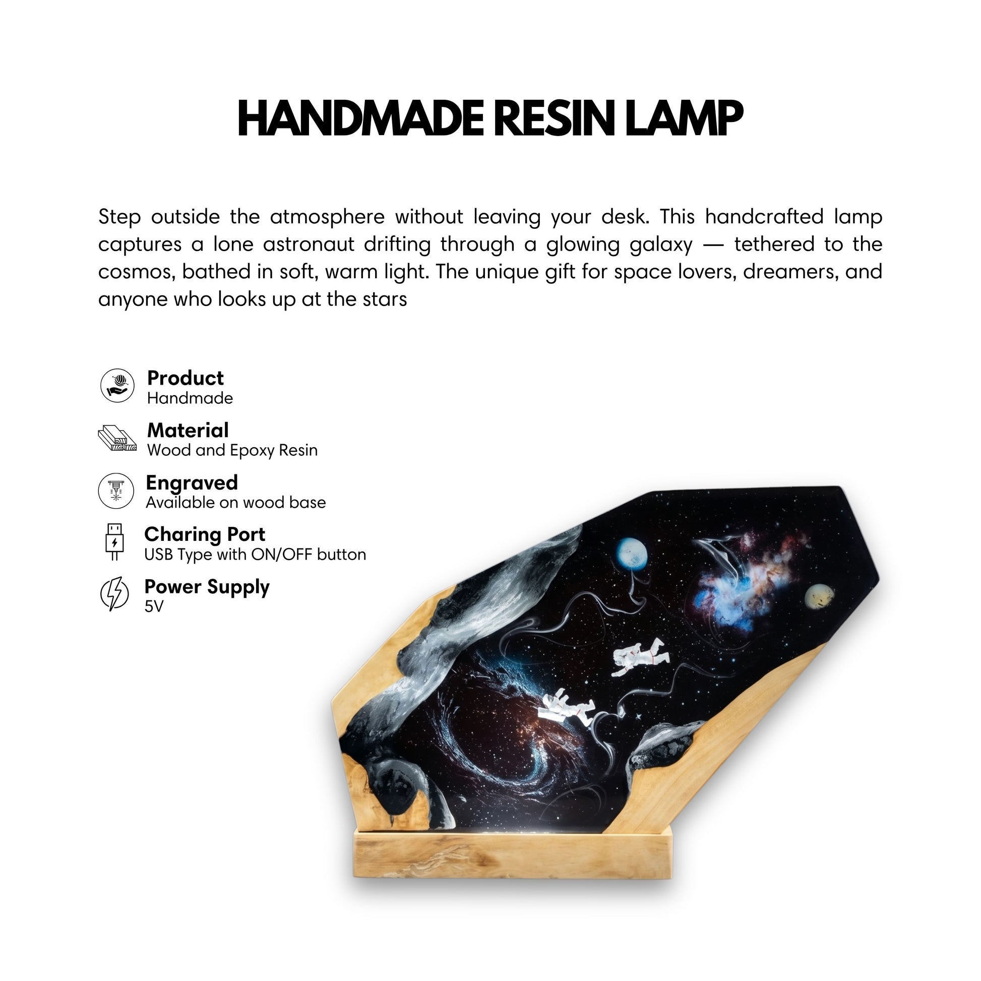 Product feature infographic for the handcrafted galaxy epoxy resin lamp detailing wood and resin materials, custom base engraving, USB 5V power supply, and an ON/OFF button.