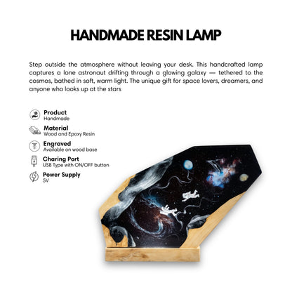 Product feature infographic for the handcrafted galaxy epoxy resin lamp detailing wood and resin materials, custom base engraving, USB 5V power supply, and an ON/OFF button.