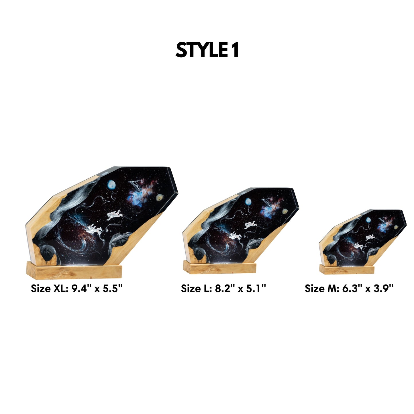 Size chart for astronaut galaxy epoxy resin lamp showcasing three available dimensions: Medium (6.3 by 3.9 inches), Large (8.2 by 5.1 inches), and Extra Large (9.4 by 5.5 inches)