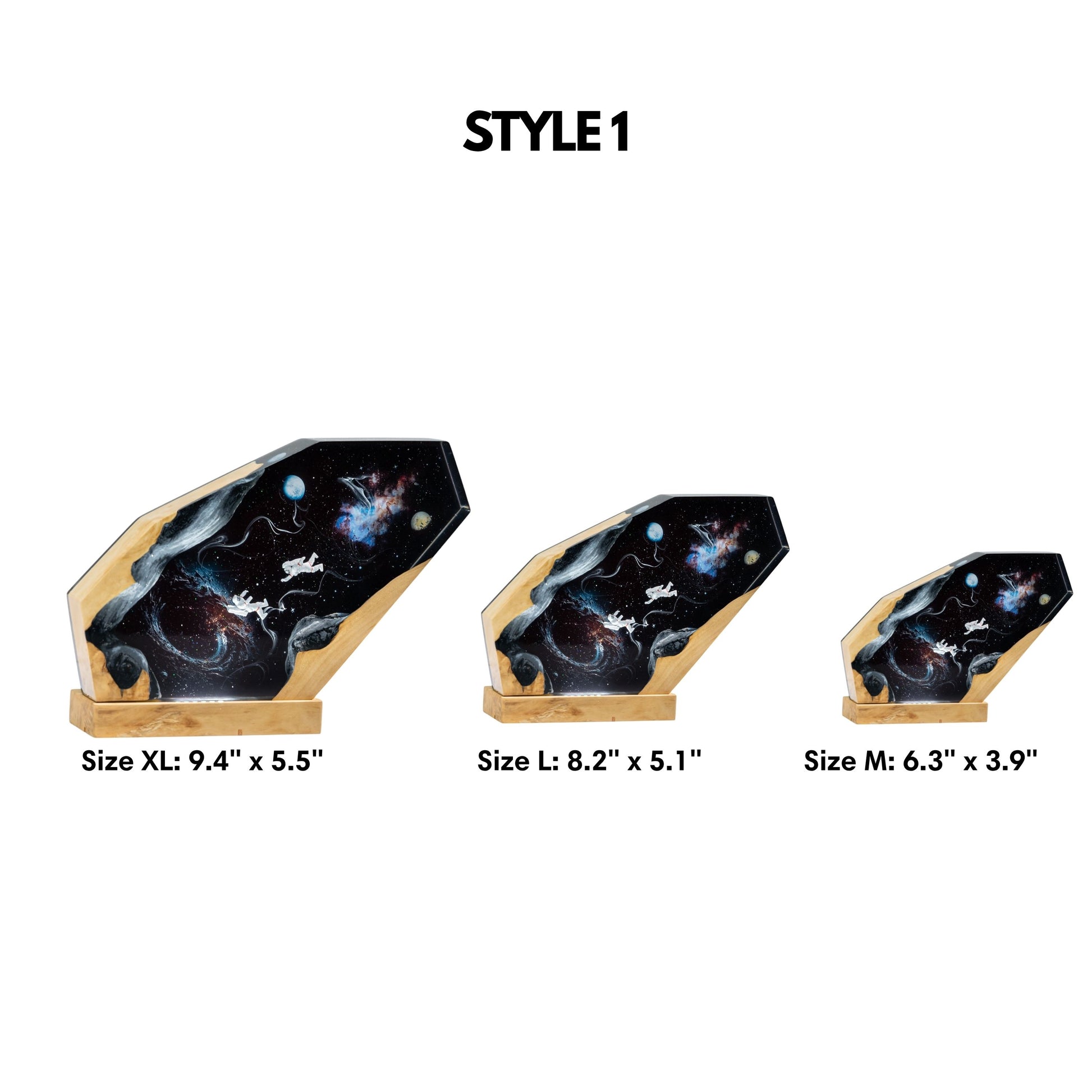 Size chart for astronaut galaxy epoxy resin lamp showcasing three available dimensions: Medium (6.3 by 3.9 inches), Large (8.2 by 5.1 inches), and Extra Large (9.4 by 5.5 inches)