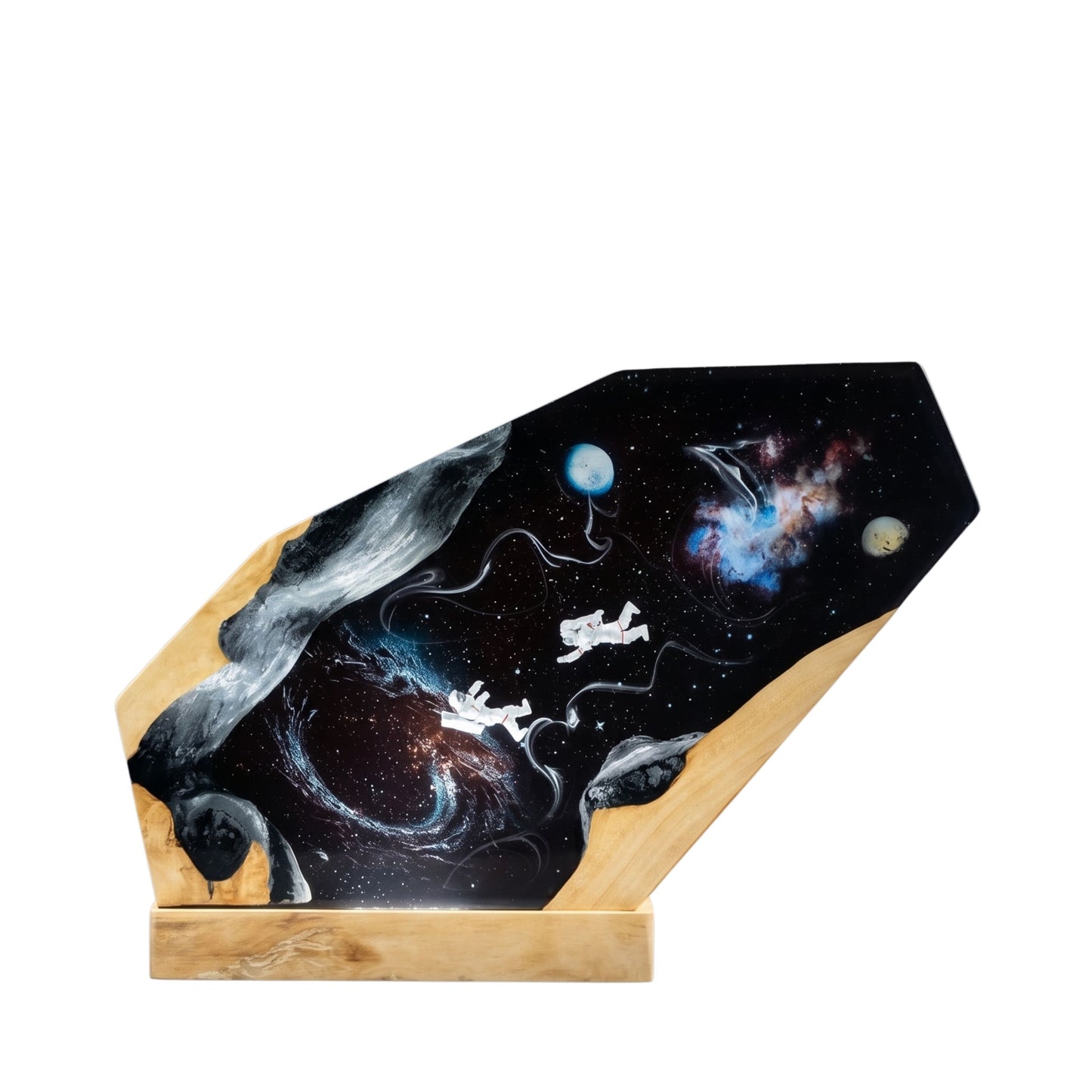 Handcrafted space galaxy epoxy resin night light on a wooden base isolated on a white background, featuring a deep cosmos scene with two miniature astronauts floating near planets, stars, and a vibrant colorful nebula.