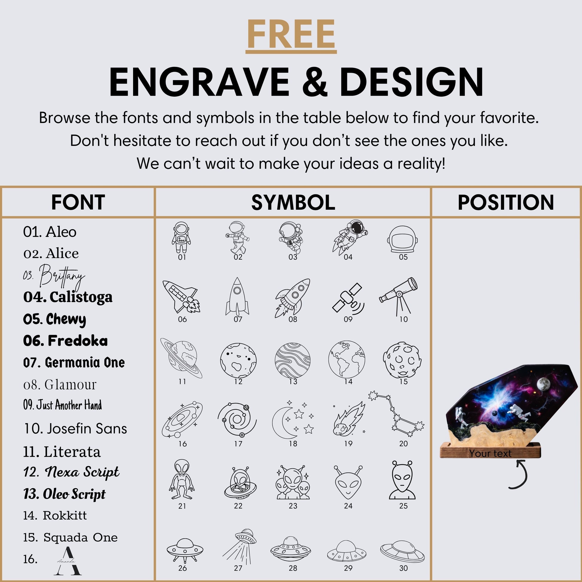 Custom engraving and design options table for the astronaut galaxy resin lamp